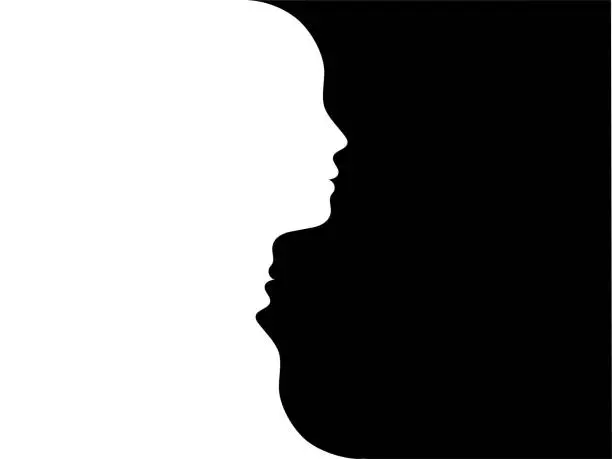 Photo of Double face. Metaphor bipolar disorder mind mental. Split personality. Mood disorder. Dual personality concept. 2 heads black white silhouettes