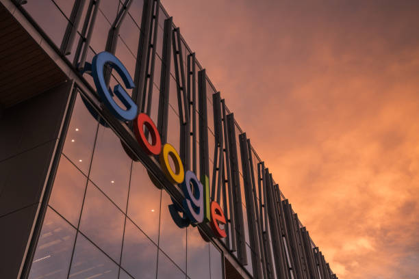 Google Seattle, USA - Oct 15, 2019: The entrance sign to the new Google building in the south lake union area at sunset. headquarters photos stock pictures, royalty-free photos & images