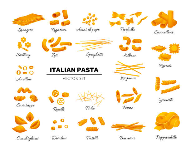 итальянская паста в плоском мультяшном стиле. изолированные элементы для украшения итальянского cusine, этикетки, конструкции. вект�орная илл� - pappardelle stock illustrations