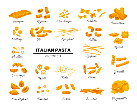 Italian pasta set in flat cartoon style. Isolated elements for italian cusine decoration, labels, designs. Vector illustration on white