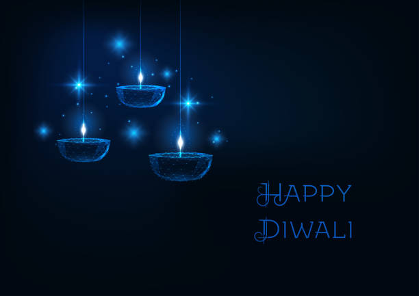 illustrations, cliparts, dessins animés et icônes de bannière web heureuse de diwali avec la lampe à huile polygonale basse futuriste diya sur le fond bleu foncé. - traditional culture flash