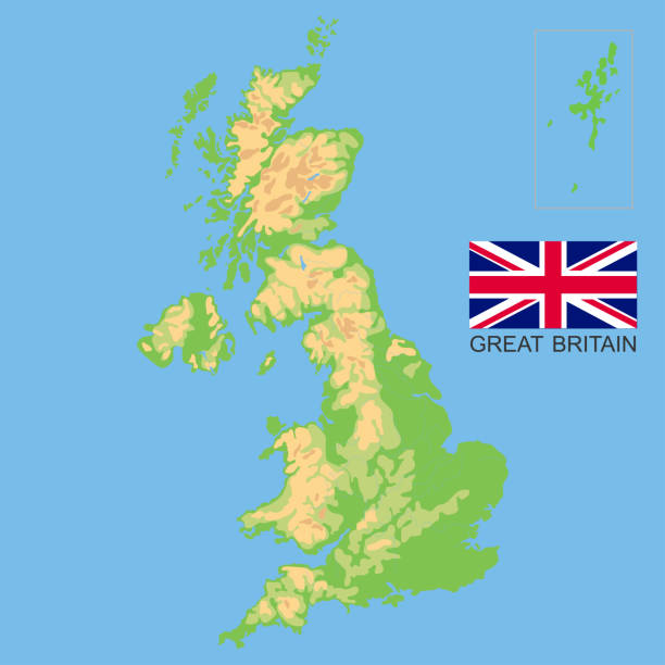 istock United Kingdom.  Detailed physical  map of the Great Britain colored according to elevation, with rivers, lakes, mountains. Vector map with national flag. 1181492791