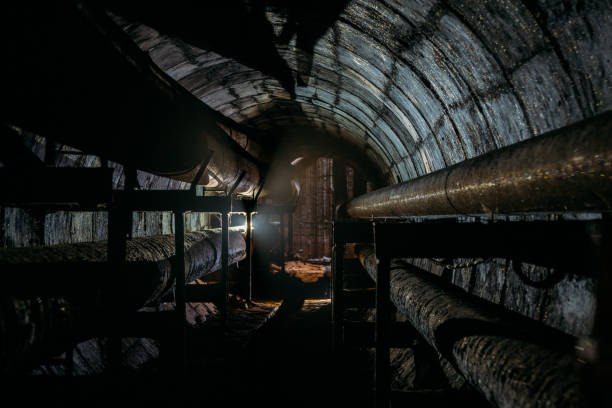 okrągły betonowy tunel podziemny systemu kanałów grzewczych z zardzewiałymi rurami - rusty metal rust pipe zdjęcia i obrazy z banku zdjęć