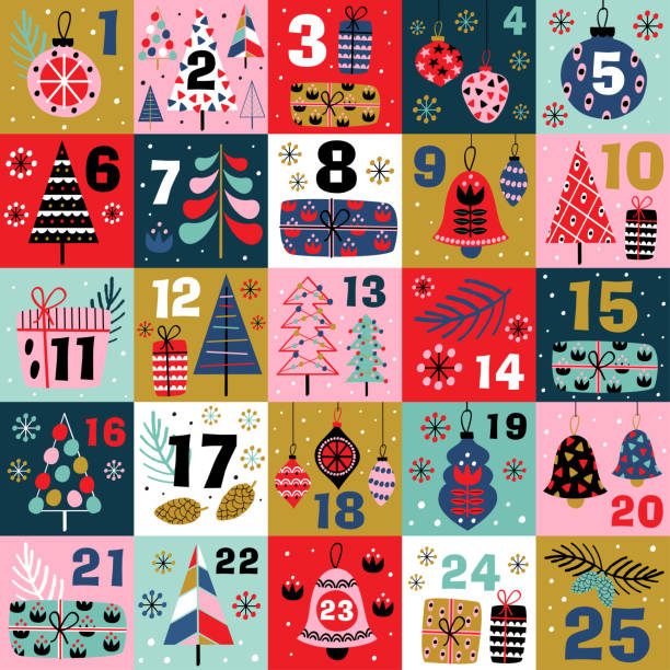 adventskalender mit weihnachtsdekoration und weihnachtsbäumen - adventskalender stock-grafiken, -clipart, -cartoons und -symbole