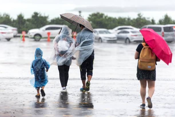 tifón. día frío y ventoso en la isla de jeju en corea del sur - color image season people wet fotografías e imágenes de stock