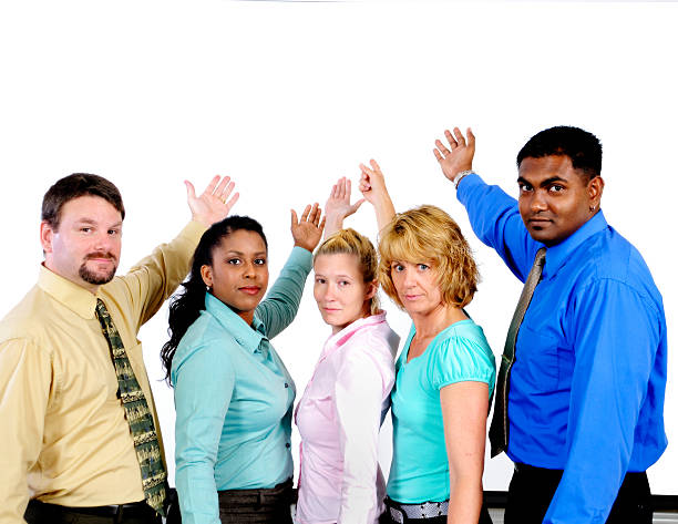 istock Diverse Business People with one Hand Up Isolated on white 118149563