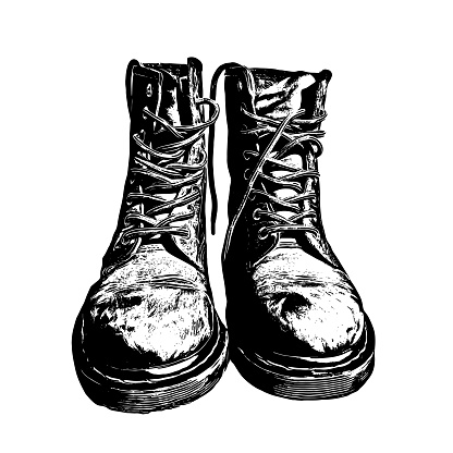 Military Boots Black Ink Graphic Drawn Illustration