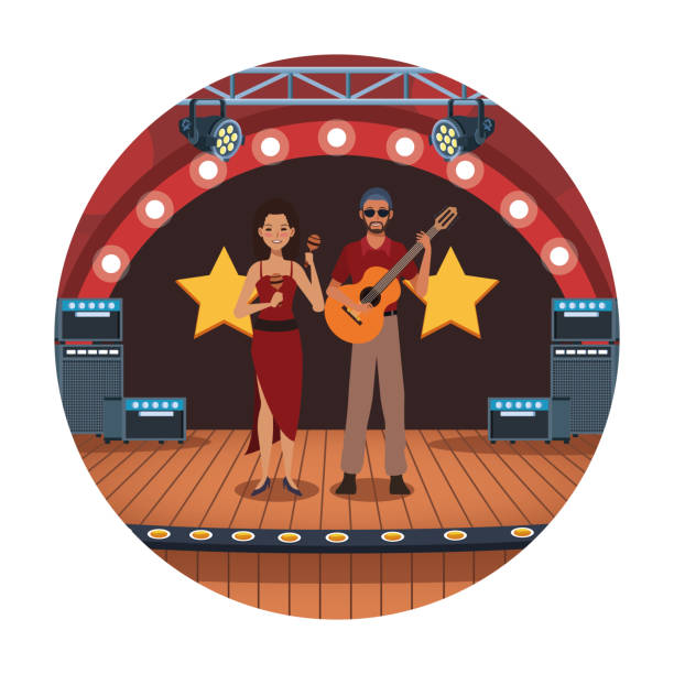 istock guitarist and dancer in stage, Jazz music band design 1181498681