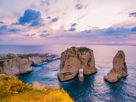 Magical sunset on Raouche, Pigeons' Rock. In Beirut, Lebanon