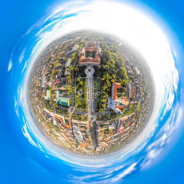 istock Tiny planet with river and small city stock photo 1181498821