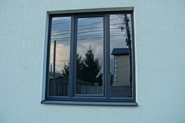 istock one large blue window on the gray wall 1181499714