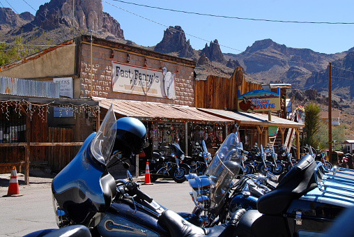 Oatman, Arizona, 10/02/2009\nAmerican motorcycles in western town of Oatman on Route 66