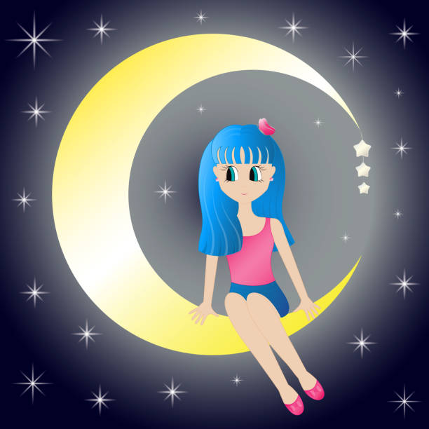 istock Cute girl sitting dreaming on the moon on background night starry sky. Cartoon style. Vector illustration. EPS10. 1181502833