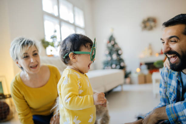Photo of smiling family on Christmas day