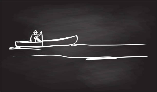 stockillustraties, clipart, cartoons en iconen met kano eenvoudige schets schoolbord - kano op rivier