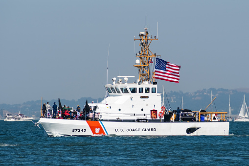 Oct 12, 2019 San Francisco / CA / USA - U.S. Coast Guard ship cruising in the San Francisco Bay