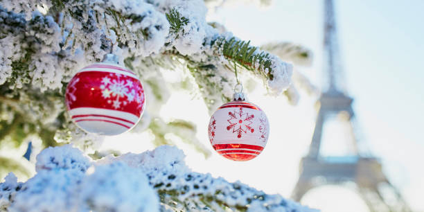 istock Christmas tree covered with snow near Eiffel tower 1181507077
