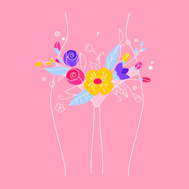 Female health concept. Women's hygiene. The period of menstruation in a girl. Illustration of  female body with flowers and leaves. The period of menstruation. Stylized illustration about body care, weight loss and treatment. gynecology stock illustrations
