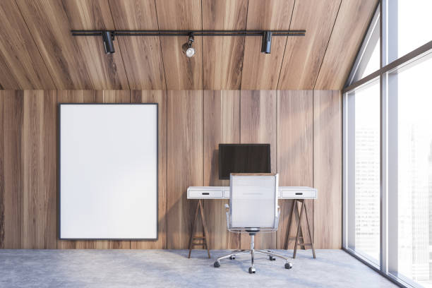 istock Wooden attic home office interior with poster 1181511609