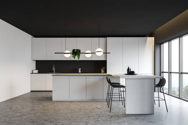 istock White and gray kitchen with bar 1181512244