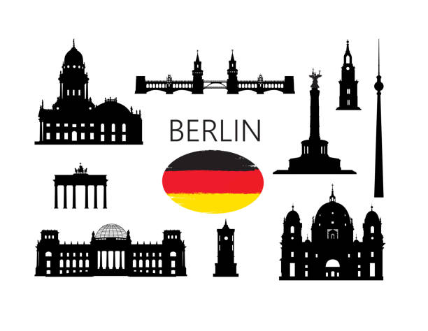 Berlin. Famous tourist places of capital of Germany. Travel Germany set. German building icon silhouette collection. Berlin. Famous tourist places of capital of Germany. Travel Germany set. German building icon silhouette collection. the reichstag stock illustrations