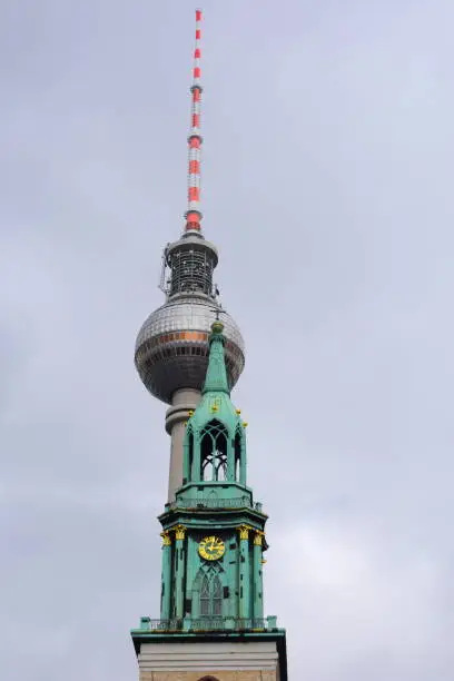 TV tower in Berlin at Alexanderplatz with Spree river and Bode museum in cityscape, Germany stock photo