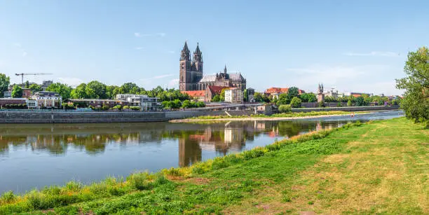 Panoramic view of Magnificent Cathedral of Magdeburg and river Elbe at Summer in Magdeburg, Germany