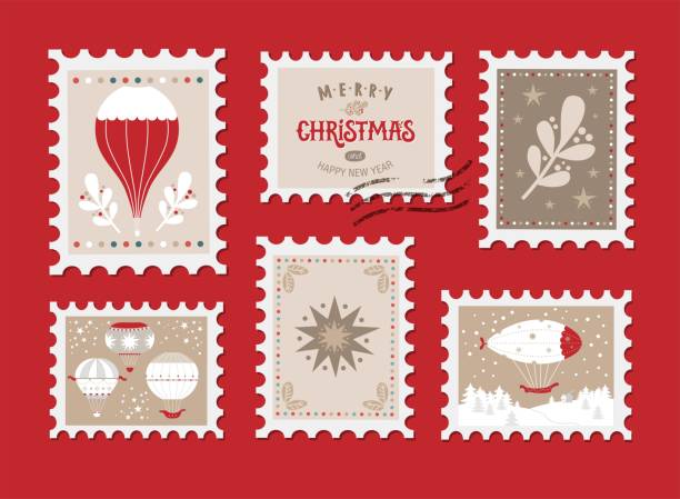 ilustraciones, imágenes clip art, dibujos animados e iconos de stock de conjunto de navidad con elementos navideños en sellos. feliz navidad y feliz año nuevo emblema, signo - holiday postcard