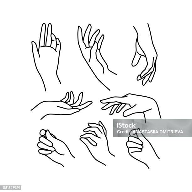 Womans Hand Icon Collection Line Vector Illustration Of Elegant Female Hands Of Different Gestures Stock Illustration - Download Image Now
