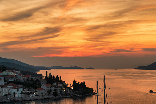 Amazing sunset over Korcula Island in Croatia