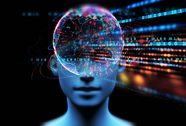 illustrazione 3d dell'umano virtuale sullo sfondo tecnologico. - intelligenza artificiale foto e immagini stock