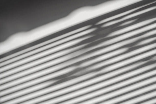 abstract shadow batten of lath and morning light on white concrete wall texture background