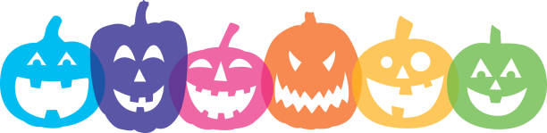 illustrazioni stock, clip art, cartoni animati e icone di tendenza di fila di zucche colorate - gourd halloween fall holidays and celebrations