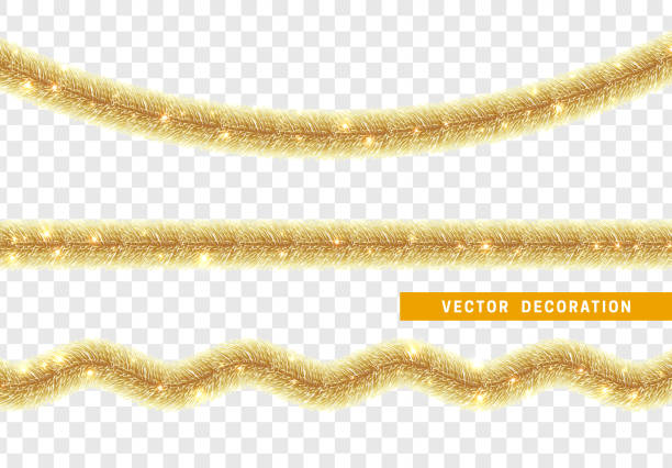 Christmas traditional decorations golden lush tinsel. Christmas traditional decorations golden tinsel. Xmas ribbon garland isolated realistic decor element tinsel stock illustrations