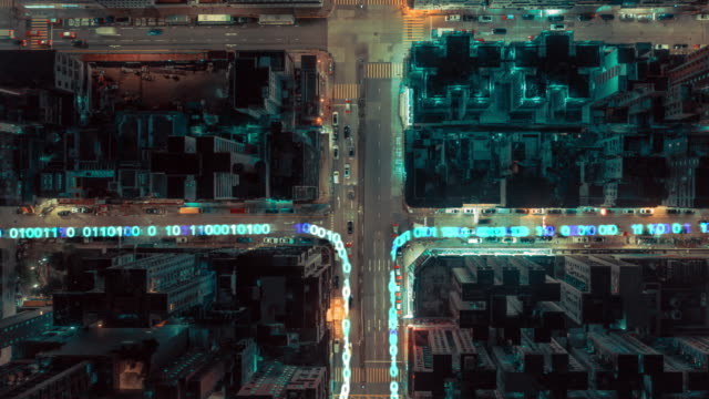 4k resolution Data Network connection Technology.Drone point of view hyper lapse of Hong kong city and communication network. Smart City. Internet of Things and big data concept