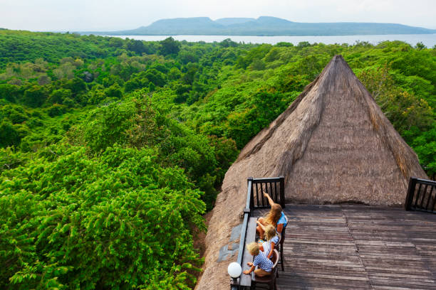 счастливая семья отдыхает в лаундже над тропическими джунглями - panoramic child scenics forest стоковые фото и изображения