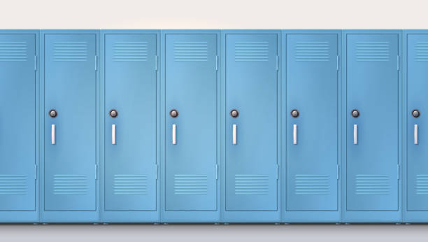 istock Blue cupboards with combination lock and handles. Welcome back to school. Set of realistic school locker, metal cabinets with closed doors. Vector template, 3d illustration. 1181545355