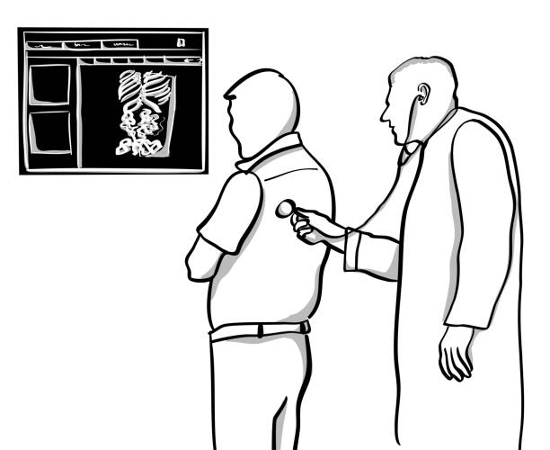 Doctor Concerns Rough sketch of a medical doctor using a stethoscope to examine a patient suffering from a respiratory disease. An x-ray is showing the patient's chest. clip art of rib cage stock illustrations