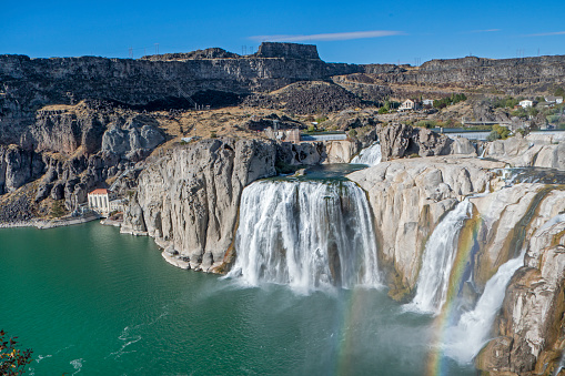 Shoshone Falls on the Snake River with a double rainbow in autumn. Twin Falls, Idaho, USA.