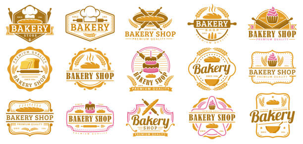 eine sammlung von bäckerei abzeichen vorlage, bäckerei shop emblem set, vintage retro-stil-pack - nudelholz stock-grafiken, -clipart, -cartoons und -symbole