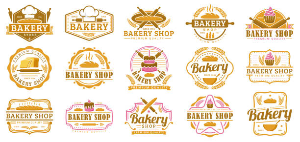 ilustraciones, imágenes clip art, dibujos animados e iconos de stock de una colección de plantilla de insignia de panadería, conjunto de emblemas de la panadería, paquete de estilo retro vintage - pastelería