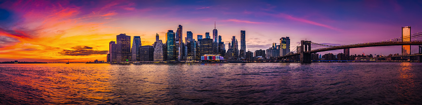 Panorama of New York City skyline at sunset.