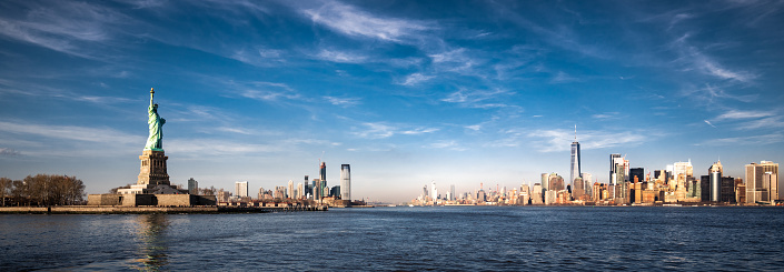 Panoramic view of New York City, Jersey City and the Statue of Liberty.
