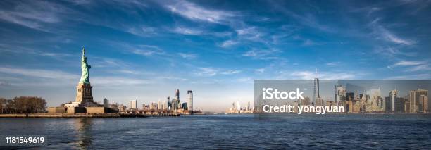 Panoramic View Of New York City And The Statue Of Liberty Stock Photo - Download Image Now