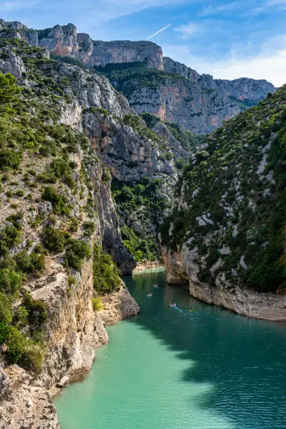 Verdon Gorge, Gorges du Verdon, amazing landscape of the famous canyon with winding turquoise-green colour river and high limestone rocks in French Alps, Provence, France