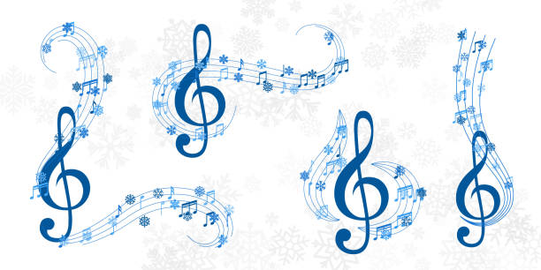 istock Christmas design element form  flying lines, music notes and snowflakes. Winter holiday decoration on the light background from snow. 1181551604