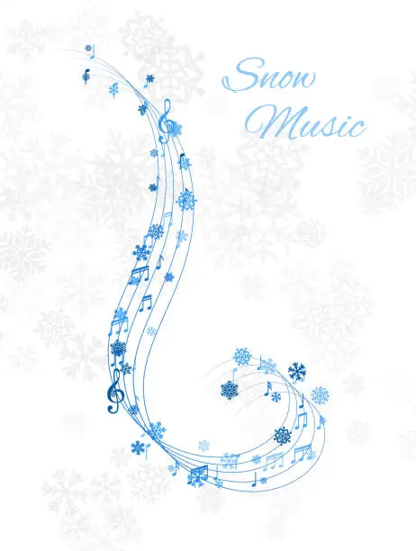 Vector illustration of Christmas design element form  flying lines, music notes and snowflakes. Winter holiday decoration on the light background from snow.