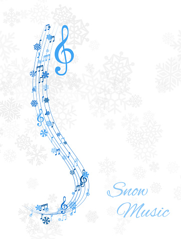 Christmas design element form flying swirl lines, music notes and snowflakes. Winter holiday decoration on the light background from snow.