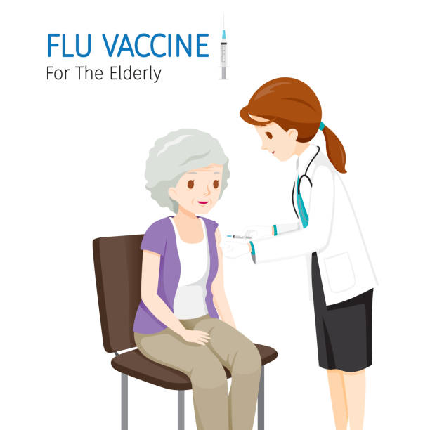 Female Doctor Injecting Flu Vaccine For The Elderly Influenza, Injection, Vaccination, Immunity, Protection, Prevention, Healthy senior getting flu shot stock illustrations