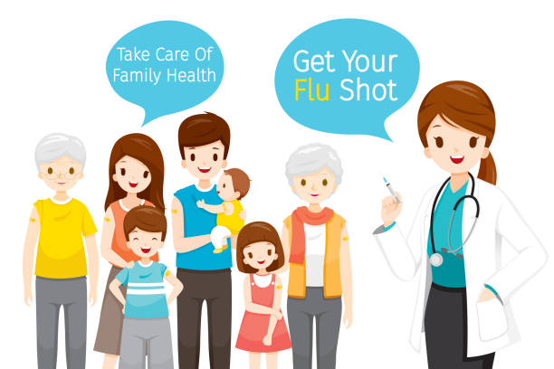 Female Doctor Holding Hypodermic Syringe, Get Your Flu Shot In Speech Bubble, Take Care Of Family Health By Injecting Flu Vaccine Influenza, Injection, Vaccination, Immunity, Protection, Prevention, Healthy cold and flu family stock illustrations